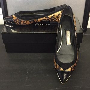 Calf-hair animal print w/ suede, patent leather.
